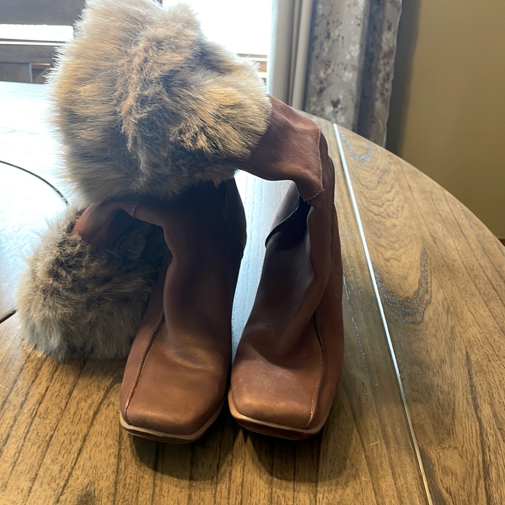 Timberland Women's Baychester Fur Fold Down Leather Boots Brown Size 8.5